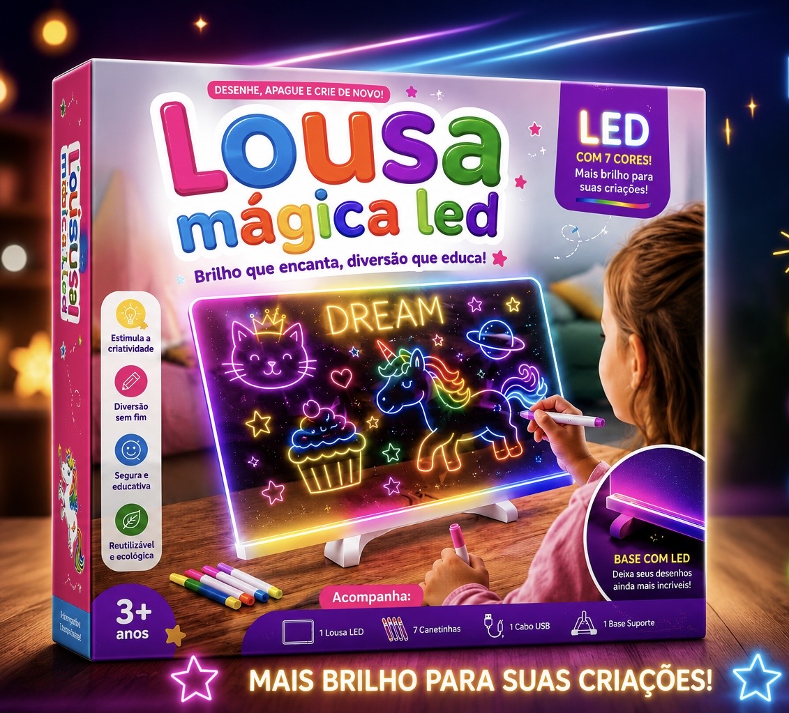 Lousa Mágica LED com desenho neon de unicórnio